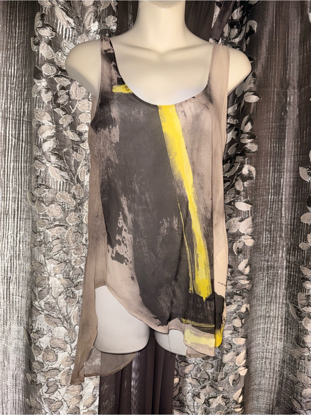 Zara Taupe & Yellow Abstract Sleeveless Tank
